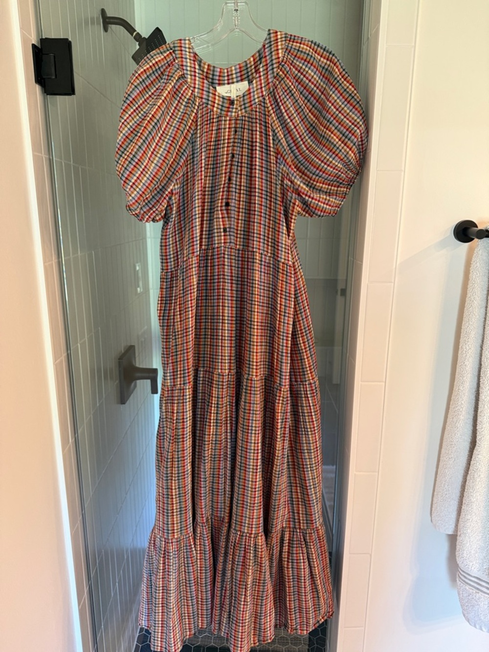 THE GREAT. Multicolor Plaid Midi Dress with Puff Sleeves